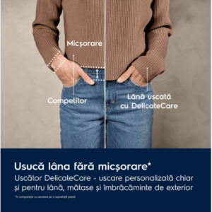 Uscator de rufe Electrolux EW7D283VE, Pompa de caldura, 8 kg, Clasa E, Sistem uscare DelicateCare + Sensicare, motor Inverter, Iluminare interioara tambur, Usa reversibila, Alb