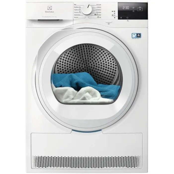Uscator de rufe Electrolux EW7D283VE, Pompa de caldura, 8 kg, Clasa E, Sistem uscare DelicateCare + Sensicare, motor Inverter, Iluminare interioara tambur, Usa reversibila, Alb